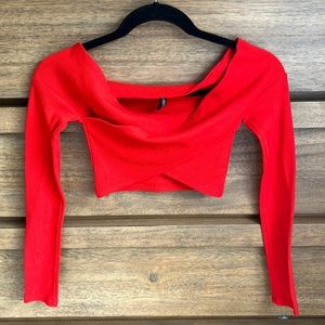 Off-the-shoulder, red, cross body cropped top